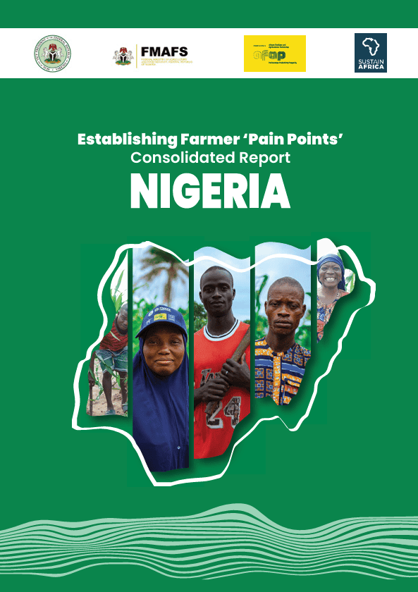 Cover of Nigeria farmer pain points report with farmers' images and map outline.