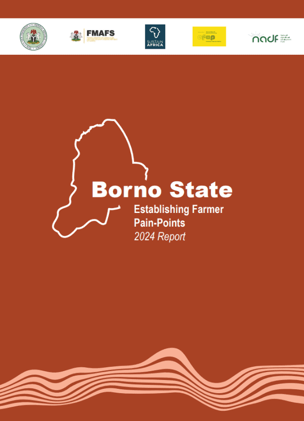 Borno State farmer report cover with map outline and logos.