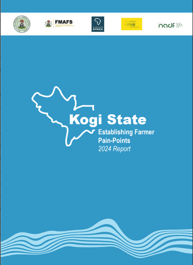 Kogi State farmer pain-points report cover with map outline and logos.