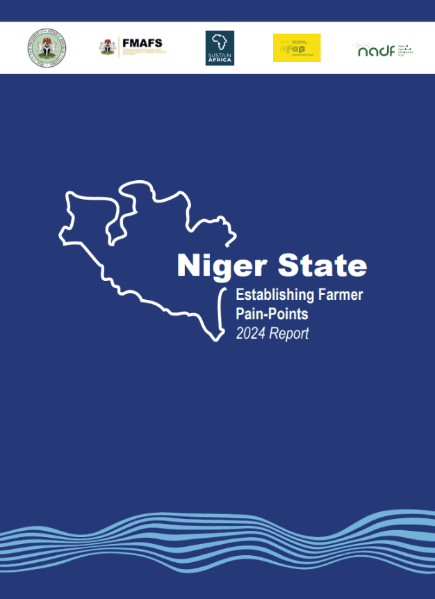 Cover of Niger State farmer pain-points report 2024 with map outline.