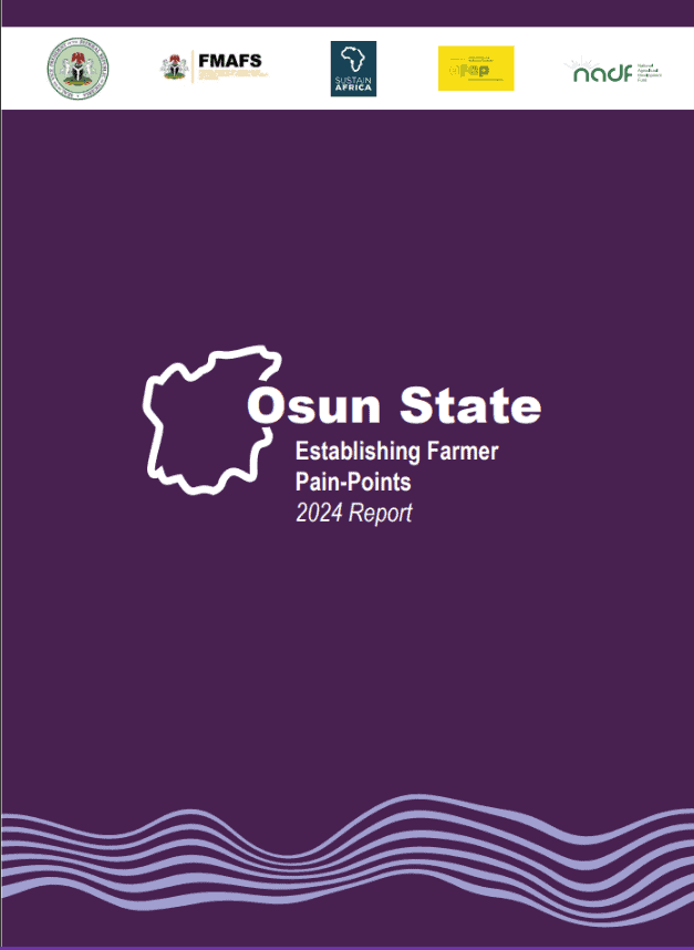 Cover of Osun State 2024 Farmer Pain-Points Report with logos and purple background.