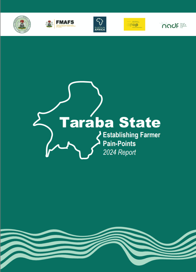 Taraba State farmer report cover with map outline and title.