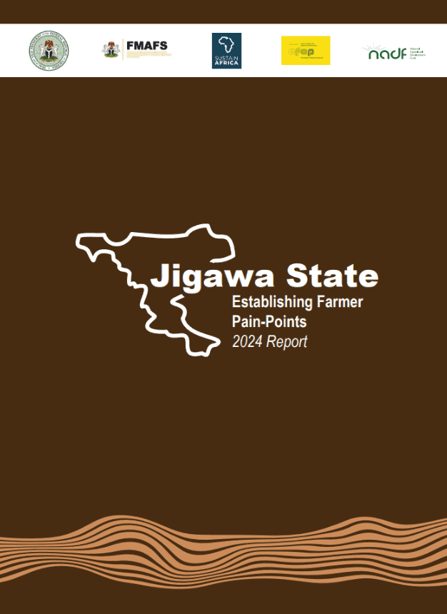 Jigawa State farmer pain-points report cover with map outline and logos.